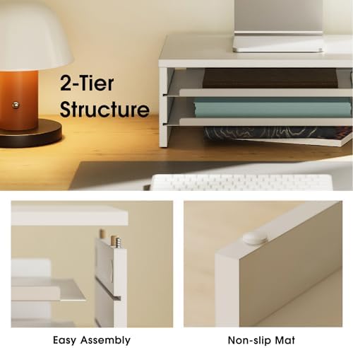 Fenge 14.3-Inch Monitor Stand with Slide-Out Trays, Wood & Metal Desk Shelf - Image 3
