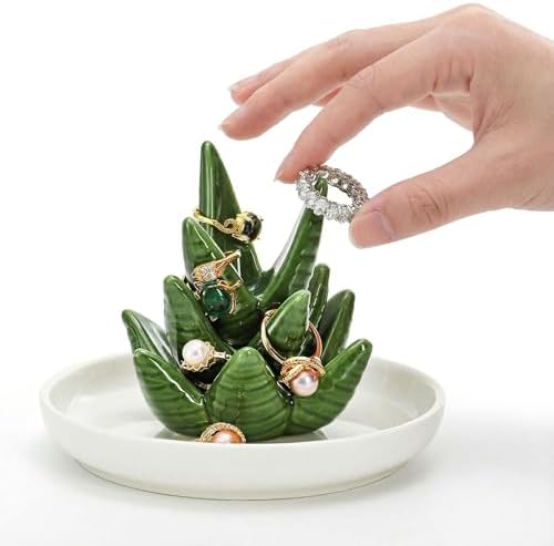 Elsjoy Set of 2 Ceramic Ring Holder Dish, Decorative Round Jewelry Display Trays, Aloe & Cactus Small Trinket Plate for Home, Gift, Mother's Day - Image 4
