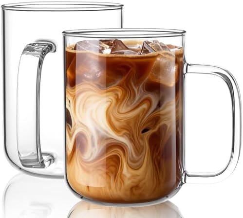 Glass Coffee Mugs, 20 oz Ice coffee cups, Large Clear Tea Cups Set of 2, Glass Mugs with Handles, Glass Cups for Latte, Cappuccino, and Tea by BWODYAY