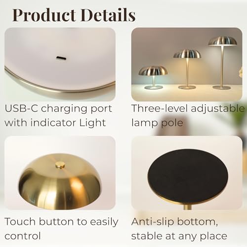 Cordless 11" Mushroom Table Lamp with Dimmable 3 Color, 5200mAh, Gold - Image 5