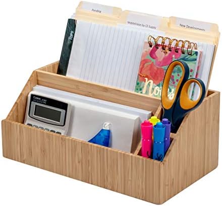 MobileVision Bamboo Desktop All-In-One Organizer for File Folders, Notepads, Pens, Stationary Items, Small Electronics and more by MobileVision