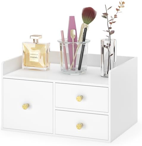 Bamboo Desk Organizer - Stackable, No Assembly Required, Ideal for Office/Home Use - Perfect for Toiletries, Stationery, Accessories. (White, Square drawer to the left of the fence) by Xadgve