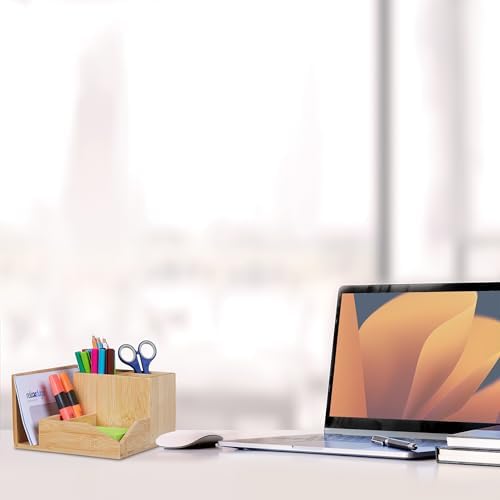 Relaxdays Desk Organiser, 7 Compartments, Pen & Document Holder, Utensil Box, HxWxD: 11 x 21 x 19 cm, Bamboo, Natural - Image 2