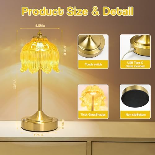 Cordless Table Lamp, Rechargeable Honey Gold Glass Lotus Flower Lamp - Image 7