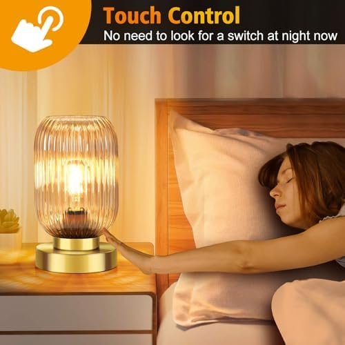 Mid Century Modern Table Lamp with Amber Ribbed Glass Shade,Touch Control & 3 Way Dimmable,Small Gold, Vintage Bedside Lamp for Bedroom, Living Room,Office (Bulb Included) - Image 3