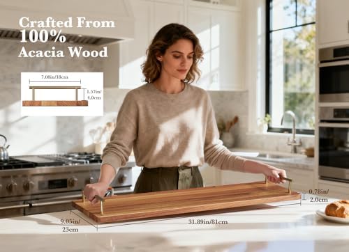 Large Charcuterie Board with Metal Handles – 32" Acacia Wood Serving Board for Cheese, Meat & Appetizers – Extra Long Kitchen Platter for Gatherings, BBQ & Home Decor - Image 3