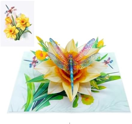 3D Pop-Up Daffodil & Dragonfly Greeting Card – Handmade Spring Flower Card for Birthday, Mother’s Day, Easter & Special Occasions F51