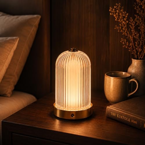 Cordless Table Lamp for Bedroom with Remote, 3 Light Modes & 9 Brightness Levels, 15/30/60 Min Timer Bedside Night Lamp, Ribbed Texture Accent Lamp for Bedroom, Living Room, Desk by Unknown