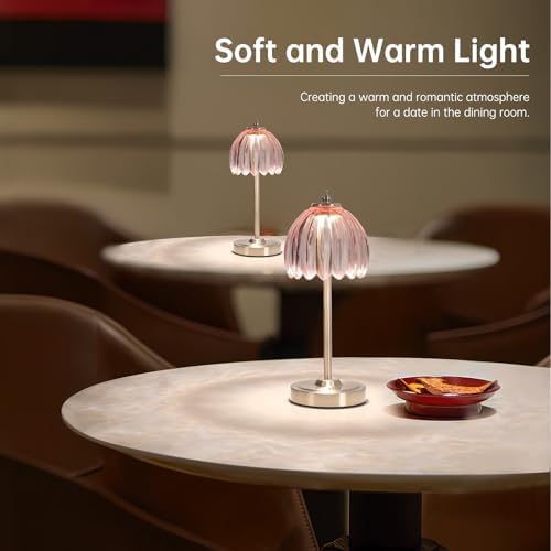 Shenmoyl Tulip Table Lamp with 5200mAh Battery & Touch Control, Cordless Small Table Lamp with 3 Colors, Dimmable Rechargeable Table Lamps for Living Room, Bedroom, Desk, Bedside (Clear Pink Tulip) - Image 6