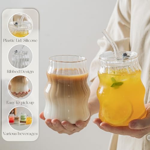KEMORELA Ribbed Glass Cups with Lids and Straws，18oz Cute Iced Coffee Cups - Image 5