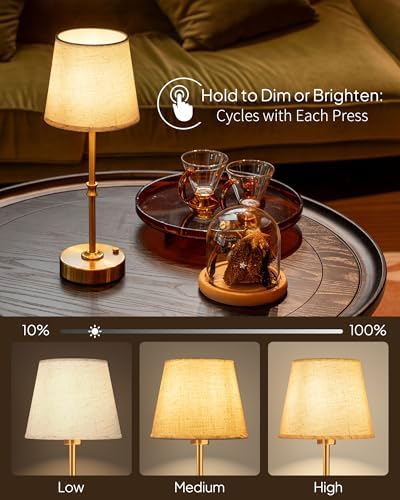 EppieBasic Cordless Table Lamp Rechargeable: Fast Charging & Long Lasting - 2700K Warm Light Small Vintage Gold Side Table Lamps - Dinning Living Room Bedroom - Linen Shade - Image 5
