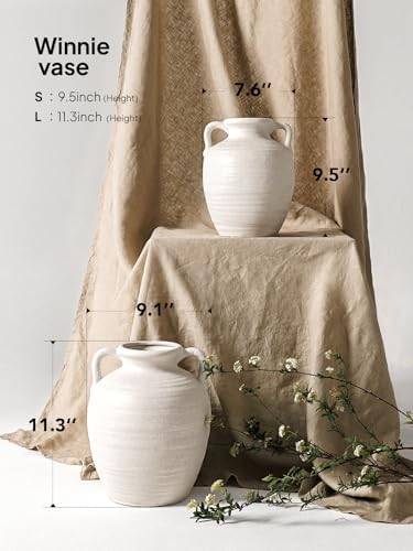 White Ceramic Vase with Handles, 9.5Inch, Farmhouse Rustic, Sandstone White - Image 3