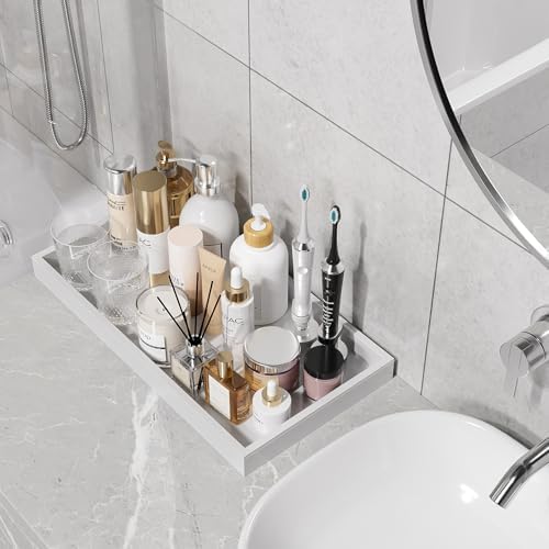 ZHWS Bathroom Vanity Tray for Countertop Perfume Makeup Jewelry Candle Decor, Kitchen Tray for Soap Dispenser Spice Salt, Large Tray for Toilet Tank Paper, Serving Nightstand White 13”x6.5” - Image 2