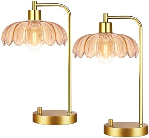 ILLMTW Glass Table Lamp Set of 2,Small Gold Bedside Lamps Dimmable Boho Bedroom Lamp with Tulip Flower Amber Lamp Shade,Vintage Mid Century Modern Mini Nightstand Lamp for Bedroom Living Room by IlluminateTheWorld
