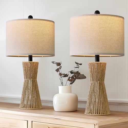 OYEARS 22.5" Table Lamps for Living Room,Boho Lamps Set of 2 for Bedrooms, Bedside Lamp for Nightstands, Rattan Lamp, Farmhouse Table Lamp for Room Decor, End Table, Retro, Brown（Not Include Bulbs） by OYEARS