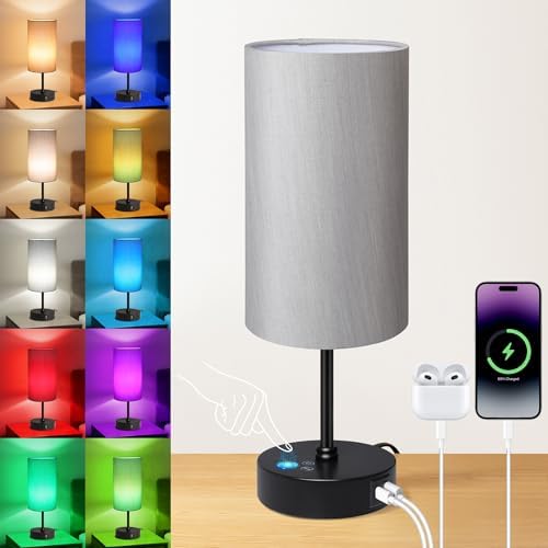 Unicozin Table Lamp for Bedroom, 3 Color Temperatures, 7 RGB Colors, Adjustable Brightness, Dual USB Charging Ports, Ambience Nightstand Light with Grey Shade, Desk Lamp for Kids Reading Home Office by Unicozin