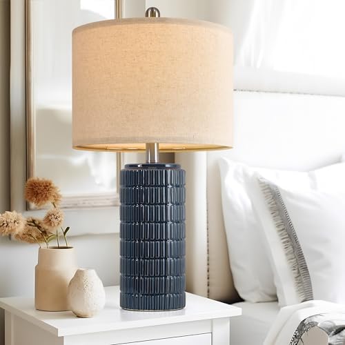 PoKat 23" Blue Table Lamps, Farmhouse Bedside Lamps for Bedroom Set of 2, Ceramic End Table Lamps for Living Room, Traditional Nightstand Desk Lamps, Medium - Image 5