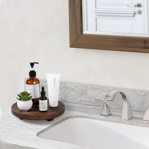 Round Decorative Tray Farmhouse Bathroom Decor Wood Riser, 9" Walnut - Image 5