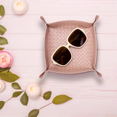 UnionBasic Small Valet Tray, Jewelry Tray for Rings Watches Earrings, Entryway Catchall Caddy for Coins Keys Change, Nightstand Bedside Valet Holder, Trays for Electronic Gadgets, Woven Pink - Image 6