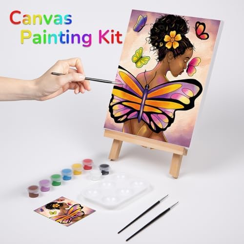 VOCHIC Pre Drawn Canvas for Painting for Adults Paint and Sip Kit Party Supplies 8x10 in Canvas Butterfly Girl 1 Easel,8 Acrylic Colors,3 Brush,1 Pallet Paint Art Set - Image 2