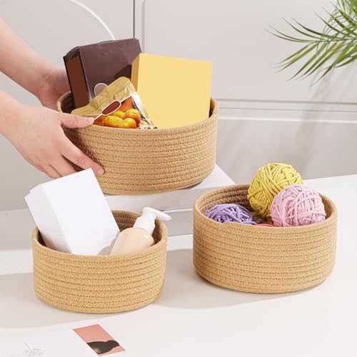 Small Basket Cotton Rope Woven Baskets for Organizing Cute Mini Tiny Baskets for Nursery Decorative Boho Round Storage Bathroom Organization Bin Open Storage Bins (Brown) - Image 5