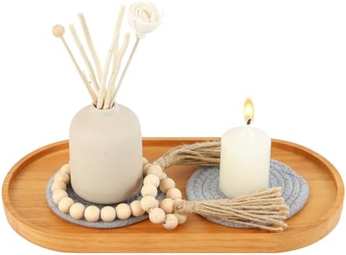 Wooden Candle Tray Holder 14 * 7 * 0.8 Inch Elliptical Decorative Serving Trays for Coffee Table Centerpiece Home Decor Wood Table Tray for Kitchen Counter with Beads Decor and 2 Coasters by Unknown