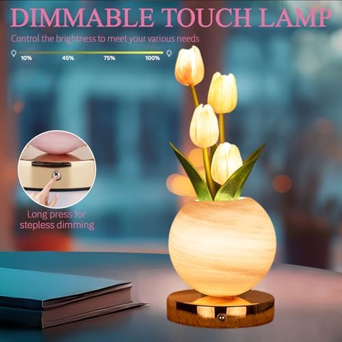 Tulip Table Lamp, Rechargeable Cordless Touch Dimming Artificial Tulip Flower Desk Lamp, LED Flower Bedside Night Light Romantic Gifts for Girl Women Mom (Pink) - Image 2