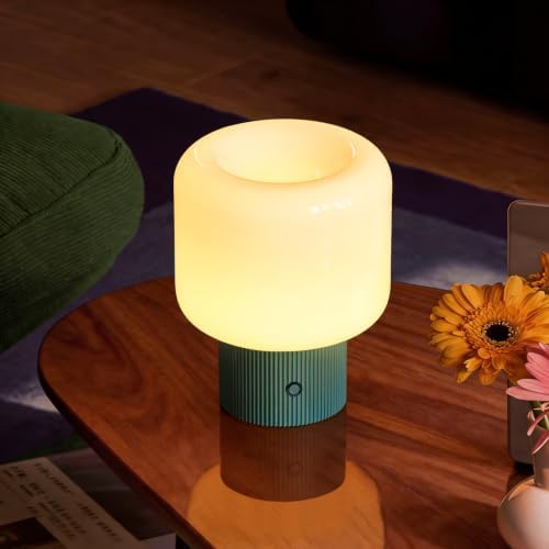MAGCHARM Halo Mushroom Lamp, 5W Cute Cordless Rechargeable Table Lamp with Glass Shade, 3 Color Temps LED Dimmable Ambient Lighting, Small Retro Touch Bedside Light for Bedroom Decor, Vintage Green by Magcharm