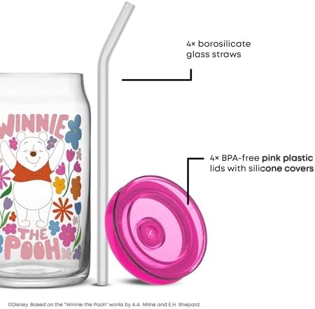 JoyJolt Disney Winnie the Pooh & Friends Flower Power Glass Tumblers with Lids and Straws, 16oz Glass Cups with Lids and Straws, Can Shaped Drinking Glasses Set of 4, Disney Gifts for Adults - Image 3