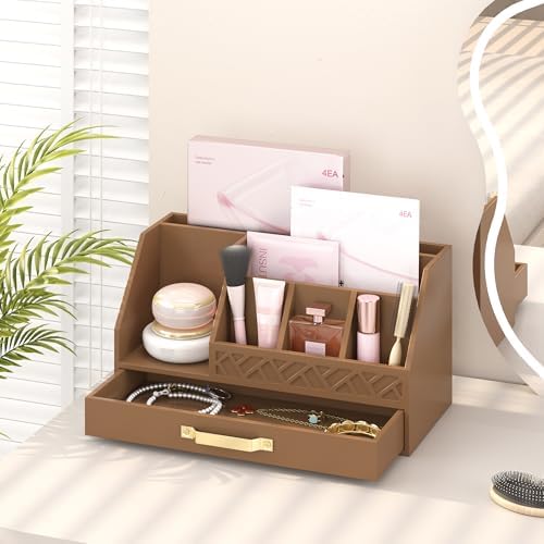 Bamboo Desk Organizer with Drawers, Mail Organizer Countertop Wood Desk Drawer Tabletop Storage Organization Pen Holder Letter Sorter Makeup Organizer for School Home Office (Brown) - Image 3