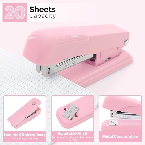 SKYDUE Pink Office Supplies Set, Pencil Holder for Desk,Gel Pen, Stapler, Tape Dispenser, Scissors,Clips and 1000pcs Staples, Office Decor for Women, Pink Desk Accessories - Image 4