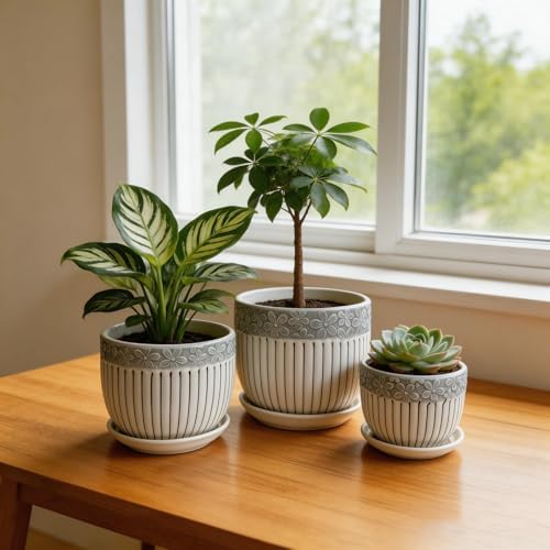 Vintage Flower Pots for Indoor Plant, Round Ceramic Plant Pots with Drainage Holes and Saucers, 6.7/5.2/3.9 Inches Retro Flower Planters Set of 3 - Image 3