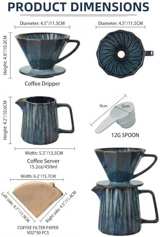 Pour Over Coffee Maker Set, Vintage Ceramic Coffee Dripper with 50 Paper Filters, 15oz/450ml, for Home Café Restaurant Camping - Image 2