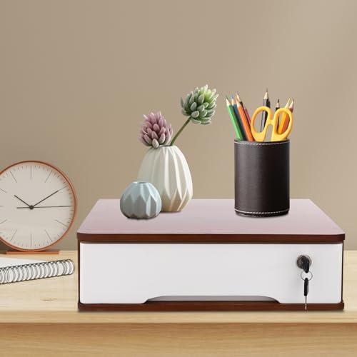 1-Tier Desktop Storage Box with Lockable Drawer, Wooden Desk Organizer for Office Supplies, Flat File Cabinet, Minimalist Design for Home & Office Use(Walnut+White) - Image 4