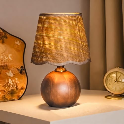 11.4" Boho Wooden Small Table Lamp with Scalloped Wavy Shade by Unknown