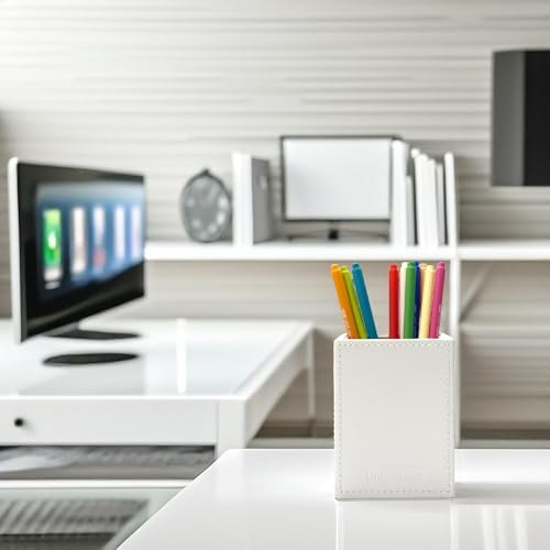 UnionBasic Square Pen Holder, Leather Pencil Cup, Desktop Caddy Stationery Organizer, White - Image 6