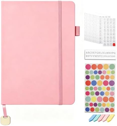 A5 Dotted Journal Starter Kit with Stencils and Stickers, Hardcover Dot Grid Notebook with 120 GSM Paper, Index Tabs and Date Stickers for Journaling, Study and Work,Pink by Unknown