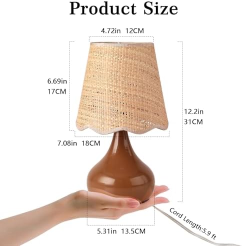 Ziqqeelam Brown Small Bedside Table Lamp for Bedroom, Farmhouse Bedroom Lamps for Nightstand, Rattan Lamp Shade Table Lamps for Small Spaces for Kitchen Counter, Home Office, Living Room, Kids Dorm - Image 4