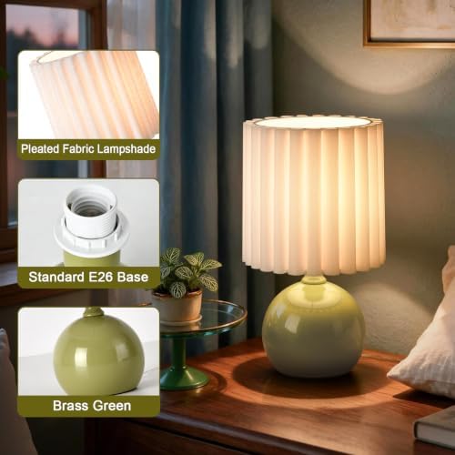 Ziqqeelam Green Small Table Lamp with Scalloped Linen Shade, Mini Green Table Lamp for Bedroom Nightstand, Cute Desk Night Light for Living Room, Bookshelf, Kitchen Counter, Kids Room, Office - Image 3