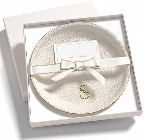 Initial Jewelry Dish for Women, Shatterproof Vegan Leather Ring Holder with Stainless Steel Core, Personalized Monogram Trinket Tray, Birthday Bridesmaid Gift with Box (Cream Letter S) by AUTYANL