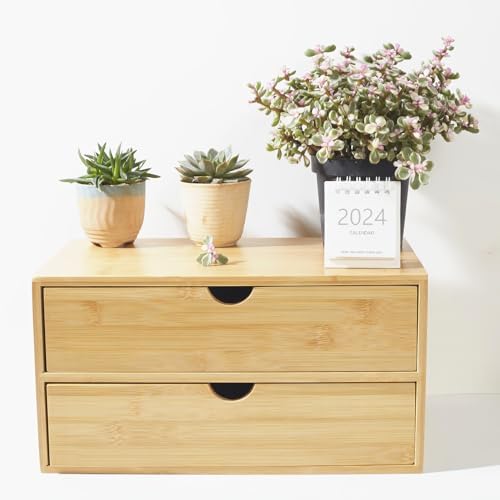 Charmewooden Bamboo Desk Organizer with Drawers, Countertop Organizer with Drawers Makeup Storage Drawer 2 Drawers Tabletop Storage Organization Box Home Office Workspace Bathroom Toiletries Supplies - Image 3