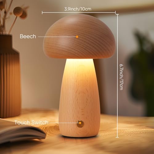 LONRISWAY Wooden Mushroom Lamp for Bedroom, Portable Cordless Small Rechargeable Battery Operated Lamp,Stepless Dimming, Night Light for Birthday Gifts - Image 5