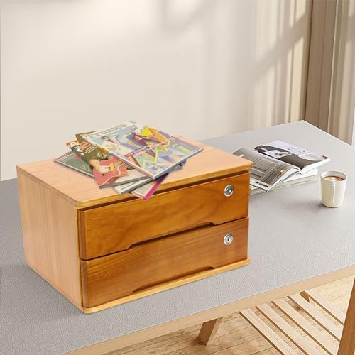 2-Tier Desktop Storage Box with Lockable Drawer, Wooden Desk Organizer for Office Supplies, Flat File Cabinet, Minimalist Design for Home & Office Use(Wooden+Yellow) - Image 6