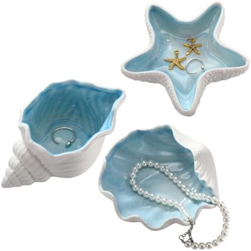 Teenyyou 3 Pcs Ceramic Seashell Jewelry Holder Conch Seashell Bowl, Blue by Teenyyou