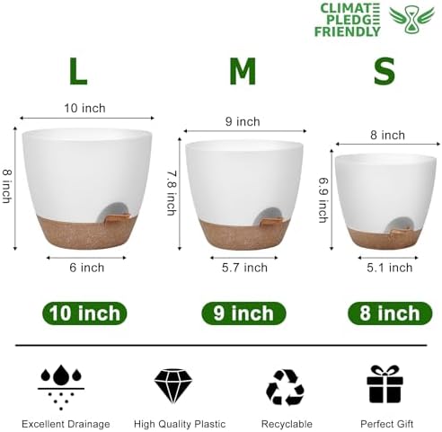 QRRICA Plant Pots 10/9/8 Inch Self Watering Pots, Set of 3 Plastic Planters with Drainage Holes and Saucers,Plastic Flower Pots,Nursery Planting Pot for Indoor Out Door Plants（White） - Image 3