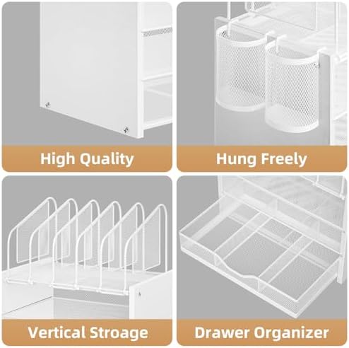 Marbrasse Desk Organizer with Drawer, 4-Tier Wooden File Organizer with 5 Vertical File Holders and 2 Pen Holders, Desk Organizers and Accessories for Home Office - White - Image 2