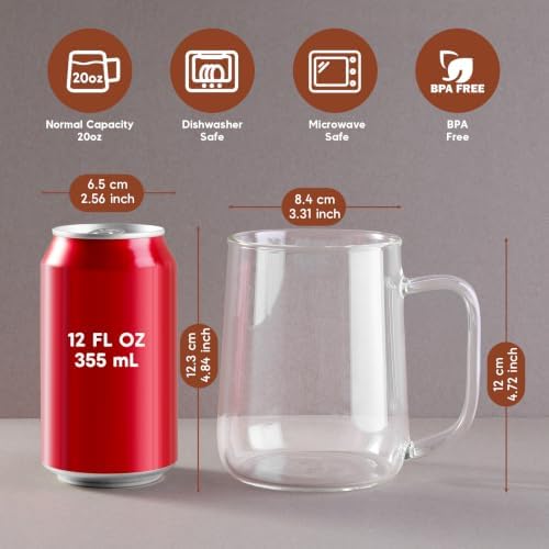 Large Glass Coffee Mugs, 20 oz Glass Coffee Cups Set of 6, Clear Borosilicate Glass Mugs with Handles for Cappuccino, Tea, Latte, Hot/Cold Beverages, Wine, Americano - Image 2