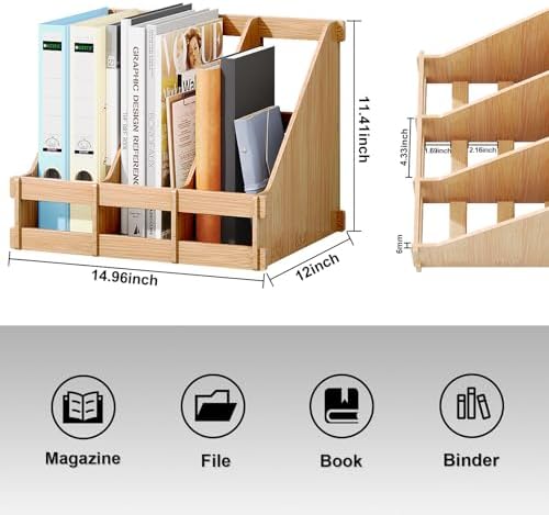 Bamboo Desk File Organizer, 3 Compartment Magazine Holder for Home Office(Nature) - Image 3