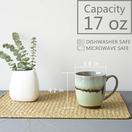 Bosmarlin Ceramic Coffee Mug Set of 4, 17 Oz, Coffee Cups with Big Handle, Microwave Safe, Unique Reactive Glaze (17 Oz, Turquoise Green Light) - Image 2