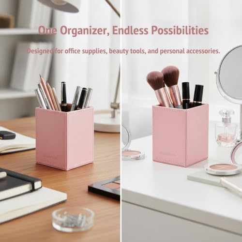 UnionBasic Square Pen Holder, Leather Pencil Cup, Desktop Caddy Stationery Organizer, Taiga Pattern Leather, Pink - Image 2